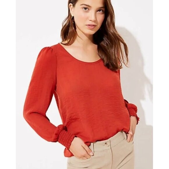 LOFT Rust Orange Lightweight Smocked Cuff Sleeves Women's Career Blouse NWT XL - Picture 1 of 10
